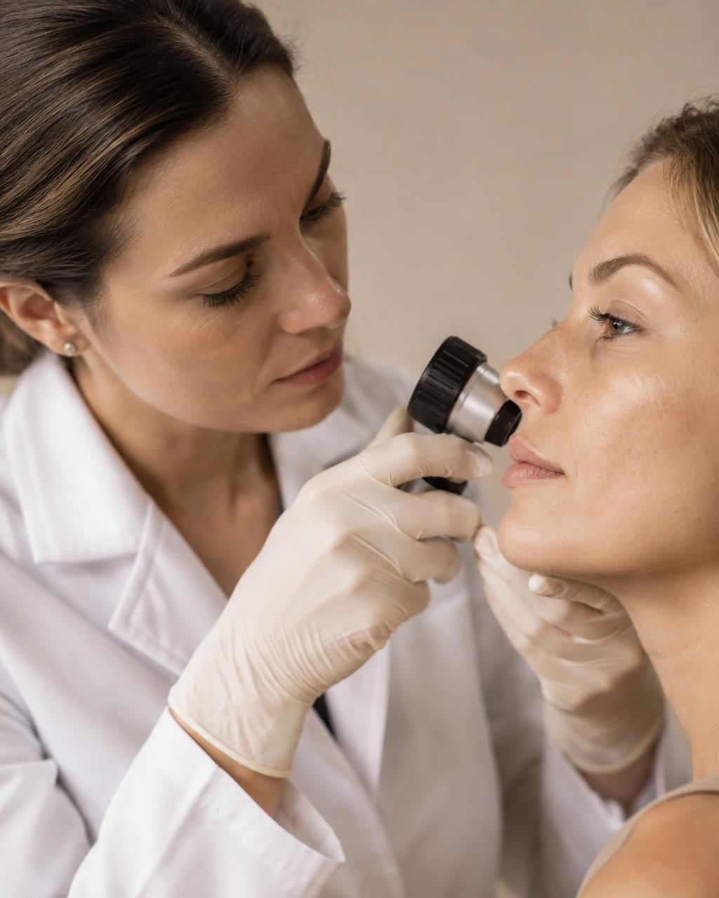 Illustrative close-up of a careful skin assessment with a handheld dermatoscope