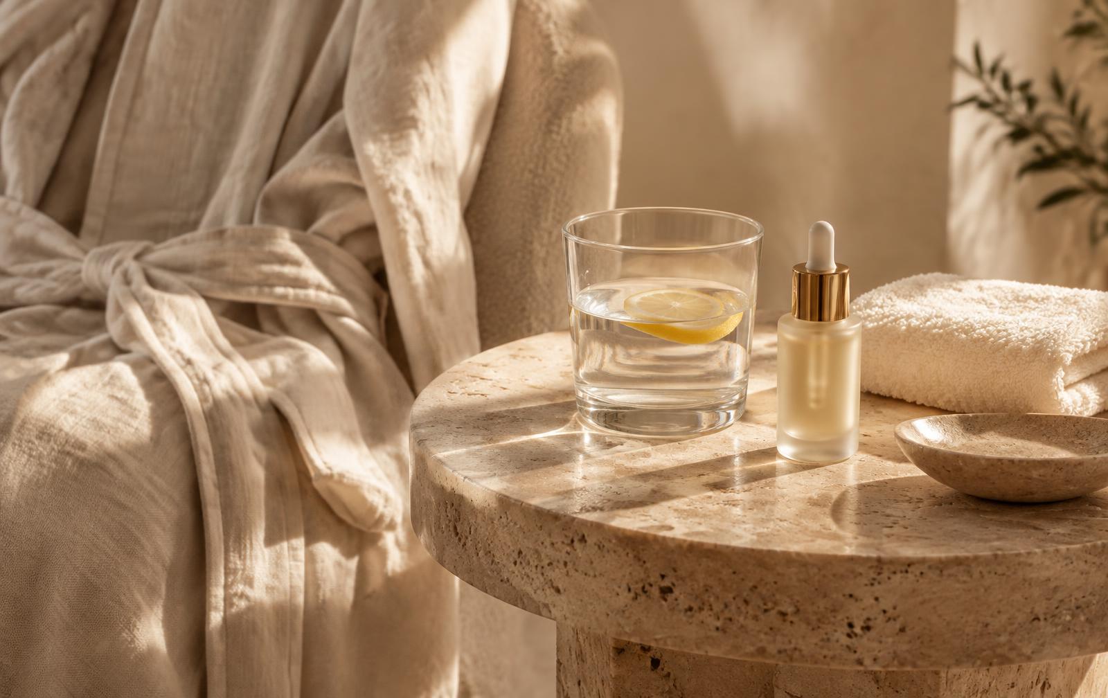 Linen robe, water and serum on a travertine table