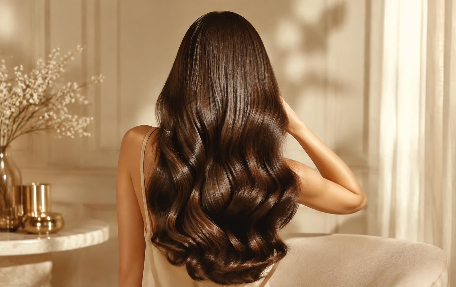 Woman with thick, glossy hair in warm light