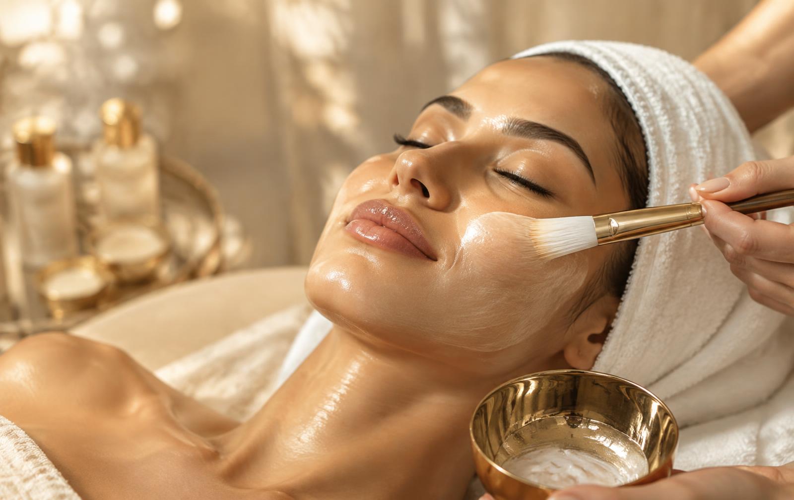 Woman with glowing skin receiving a hydrating facial