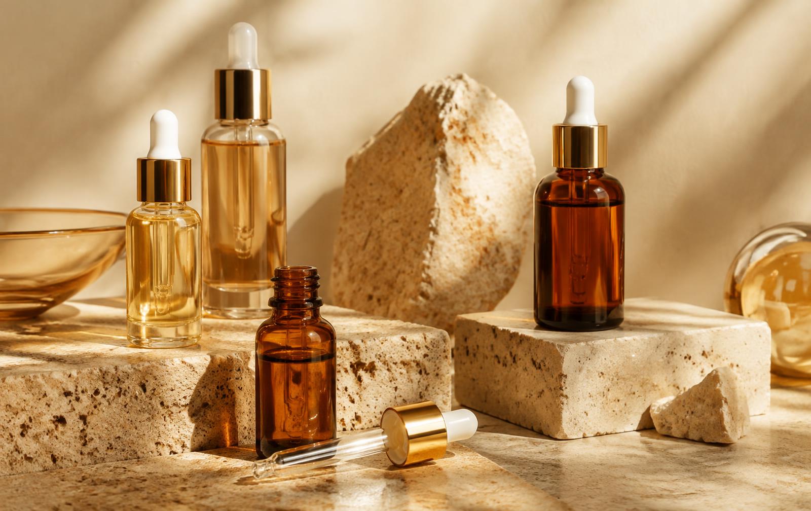 Serums in amber and clear glass droppers on travertine